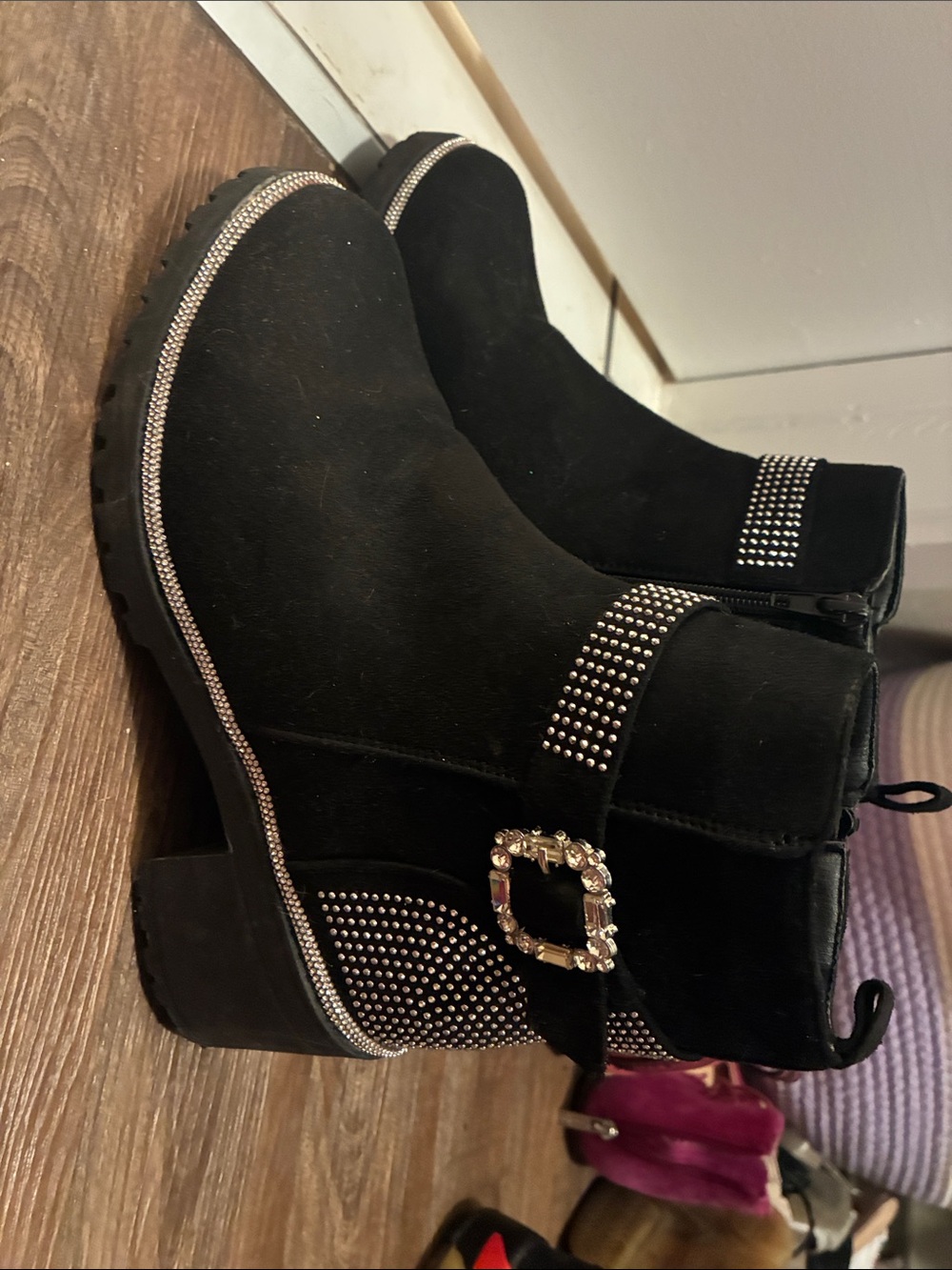 Fashion Nova Black Suede Ankle Booties with Rhinestone Buckle